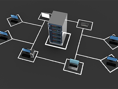 Illustration of a client-server network with a central server connected to multiple desktops and laptops, representing centralized IT infrastructure and resource management.
